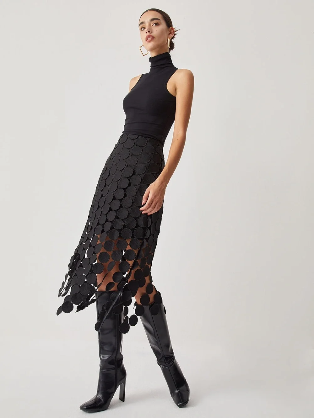 Commense Laser Cut Circle Embellished Double Layer Midi Skirt Party Festival - Picture 2 of 8